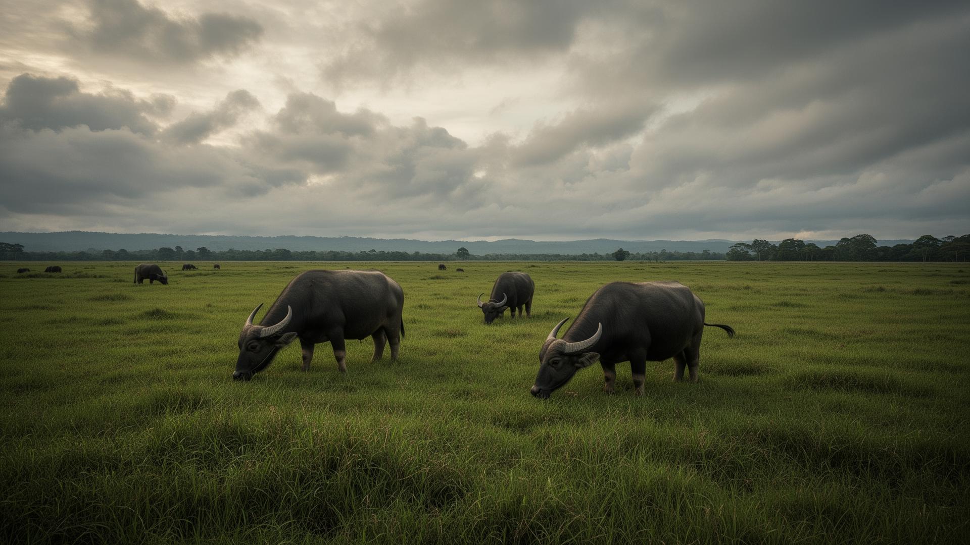 Water buffalo grazing in a cloudy pasture