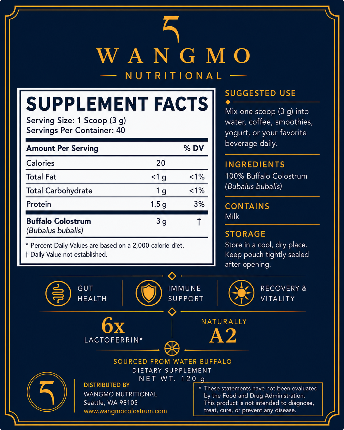 Wangmo Colostrum supplement facts panel